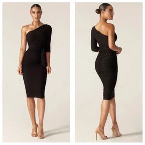 Aliava Dolly Elegant Bodycon Dress Black Ruched One Shoulder NWOT
